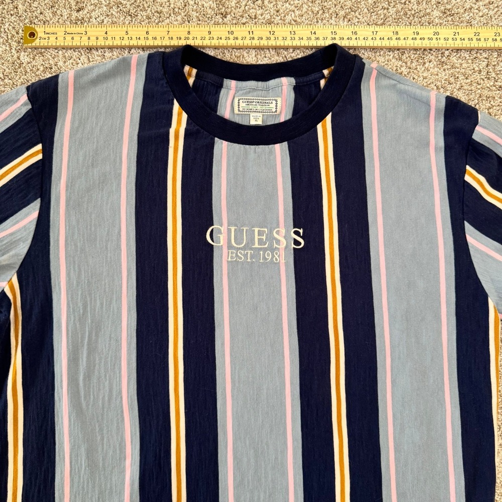 Guess Originals Mens‎ XL Striped T-Shirt Blue Pink Yellow Embroidered Logo Retro - Picture 4 of 14